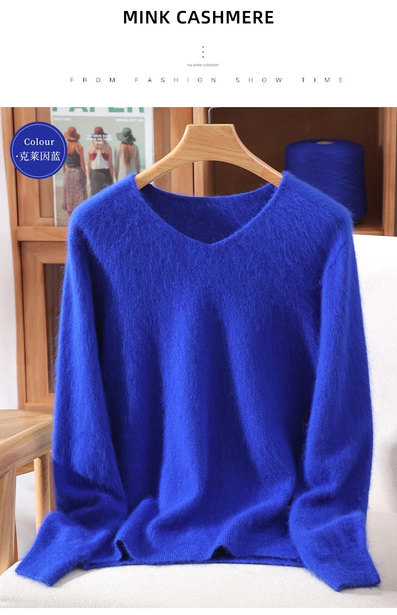 Fall/Winter New Fashion Mink Cashmere Sweater Women's Knitted V-neck Long-Sleeved Slim Bottoming Coat