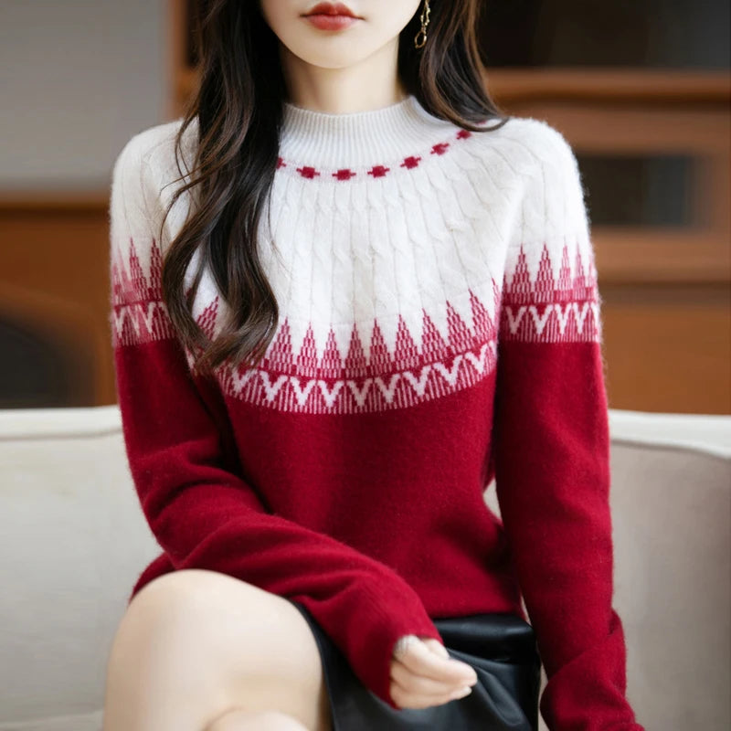 Autumn/Winter New Half High Neck Sweater 100% Wool Knitted Vintage Loose Fit Christmas Red Sweaters Chic Streetwear for Women