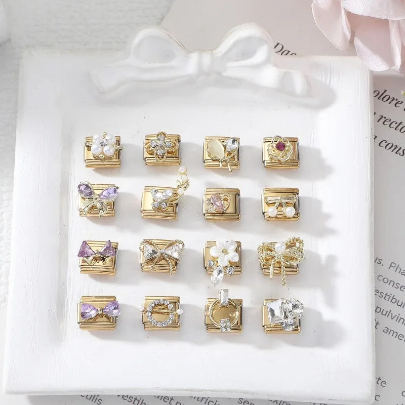 Premium Gold Color Zircon Bowknot Italian Charm Bracelet Stainless Steel Elastic Bracelet Link Bangle DIY Women Men Jewelry Gift