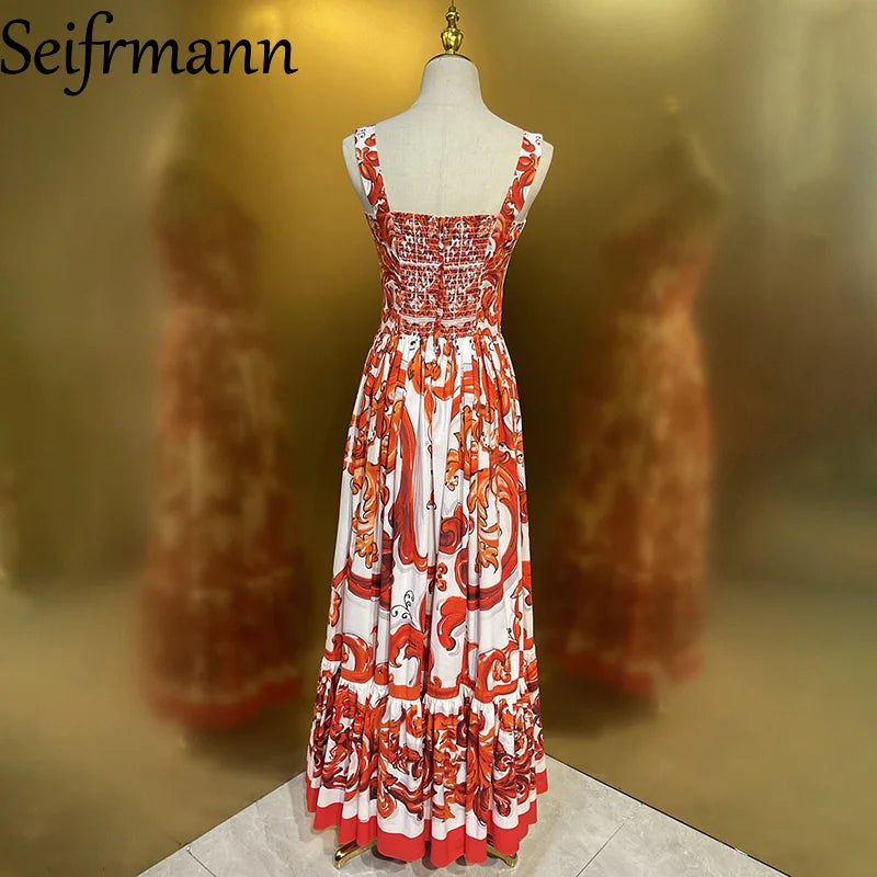 Seifrmann Summer Women's clothing New Fashionable Suspenders Cotton Printed Waist cinching Long Dress