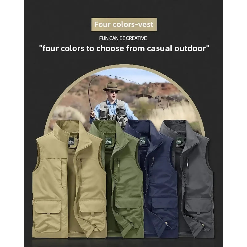 Sleeveless Vest, Men's Outdoor Casual Loose Plus-Size Waistcoat Multi-Pocket Vest Stand-Up Collar Photography Vest