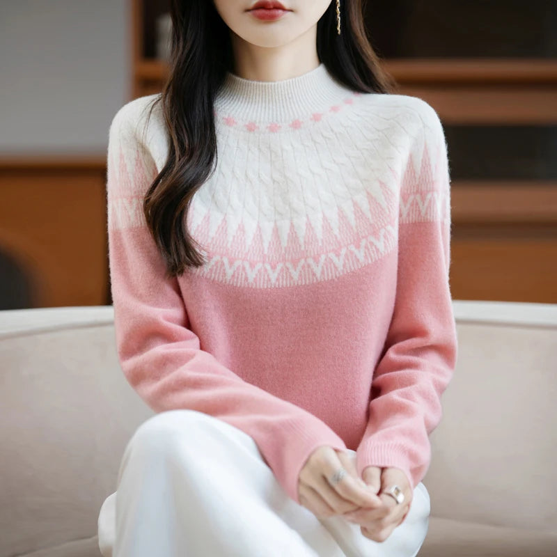 Autumn/Winter New Half High Neck Sweater 100% Wool Knitted Vintage Loose Fit Christmas Red Sweaters Chic Streetwear for Women