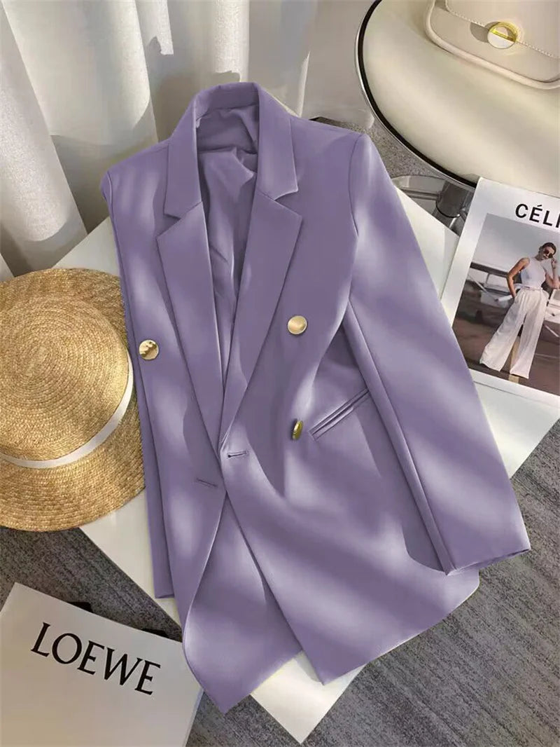 Women's Elegant Metal Buckle White Suit Jacket Casual Office Lady Blazer High-end Feel Western-style Clothes Spring Autumn 2025