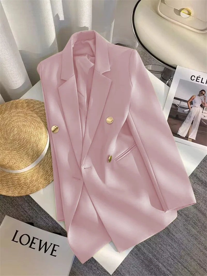 Women's Elegant Metal Buckle White Suit Jacket Casual Office Lady Blazer High-end Feel Western-style Clothes Spring Autumn 2025