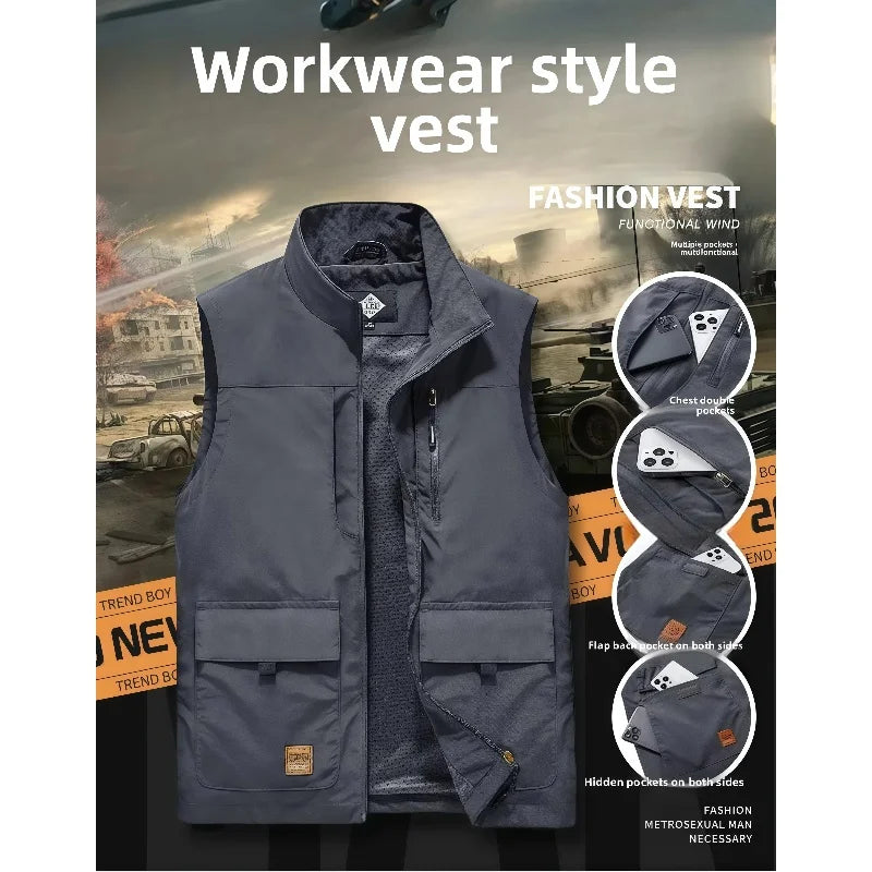 Sleeveless Vest, Men's Outdoor Casual Loose Plus-Size Waistcoat Multi-Pocket Vest Stand-Up Collar Photography Vest
