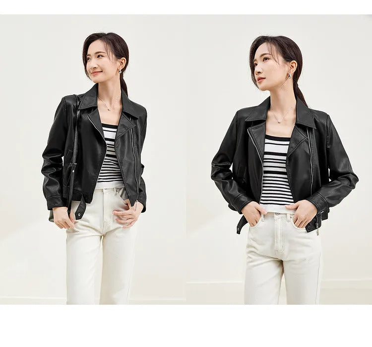 SENTUBILA Cropped Pu Leather Bomber Jacket Women 2026 Autumn Winter Vintage Lapel Zip Up Faux Leather Jacket Motorcycle Coats