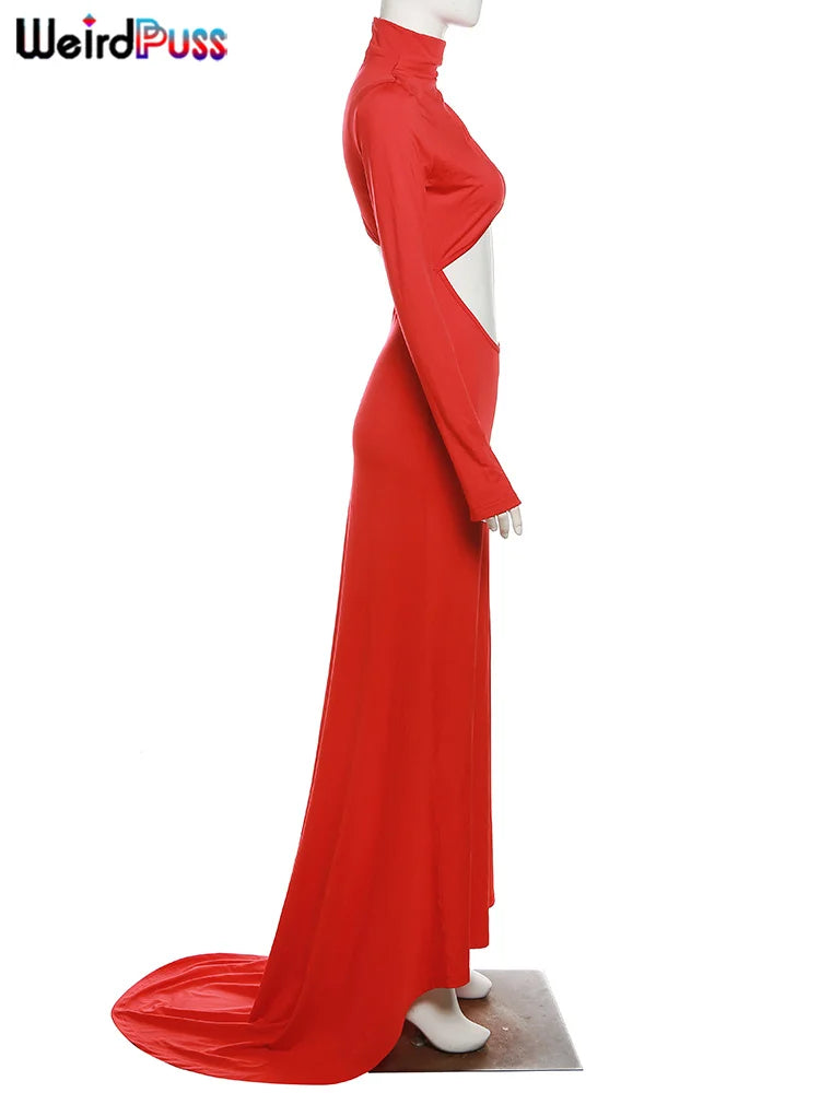 Weird Puss High Neck Women Dress Hollow Out Irregular Back Floor-Length Waistless Skinny Sexy Chirstmas Festival Partywear Robe