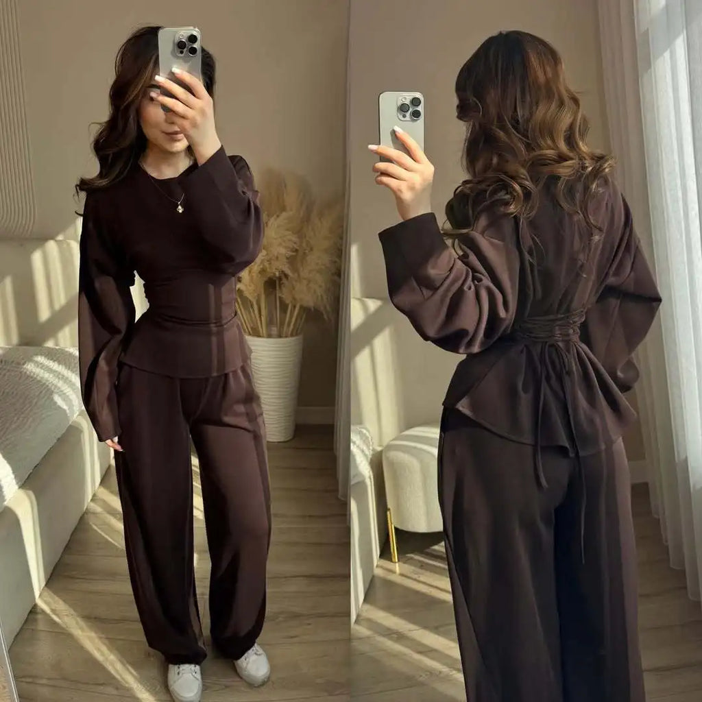Zekye Women's Matching Sets Crew Neck Long Sleeve Simple Top Slim Trend Wide Leg Pants Set Women's Tracksuit 2026 Femme