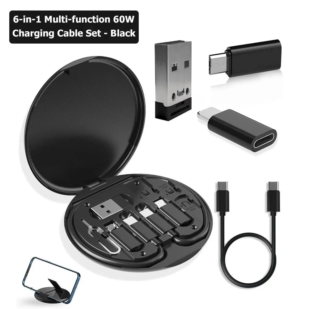 Portable Multifunctional Data Cable Storage Box, 60W Fast Charging Mobile Phone Holder, Charging Cable Set, Multi Head Conversio