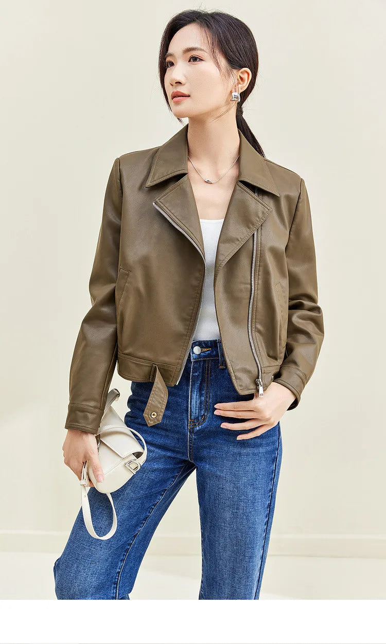 SENTUBILA Cropped Pu Leather Bomber Jacket Women 2026 Autumn Winter Vintage Lapel Zip Up Faux Leather Jacket Motorcycle Coats
