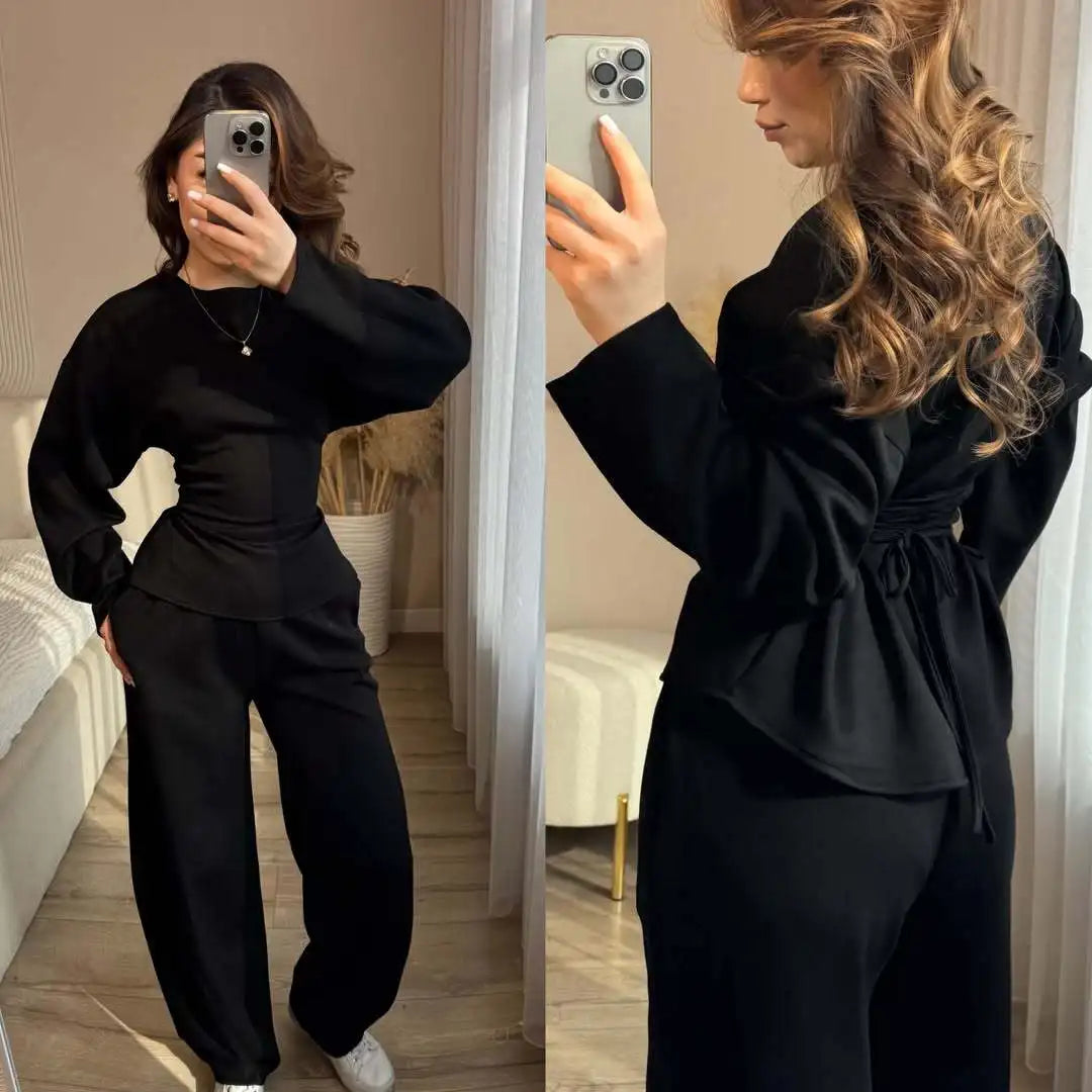Zekye Women's Matching Sets Crew Neck Long Sleeve Simple Top Slim Trend Wide Leg Pants Set Women's Tracksuit 2026 Femme