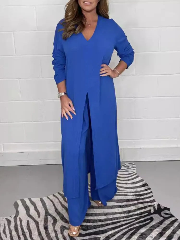 Autumn 2024 New Women's Clothing Solid Color Sexy Slim Fit Long Sleeved Top Long Pants Casual Comfortable Women's Two-piece Set