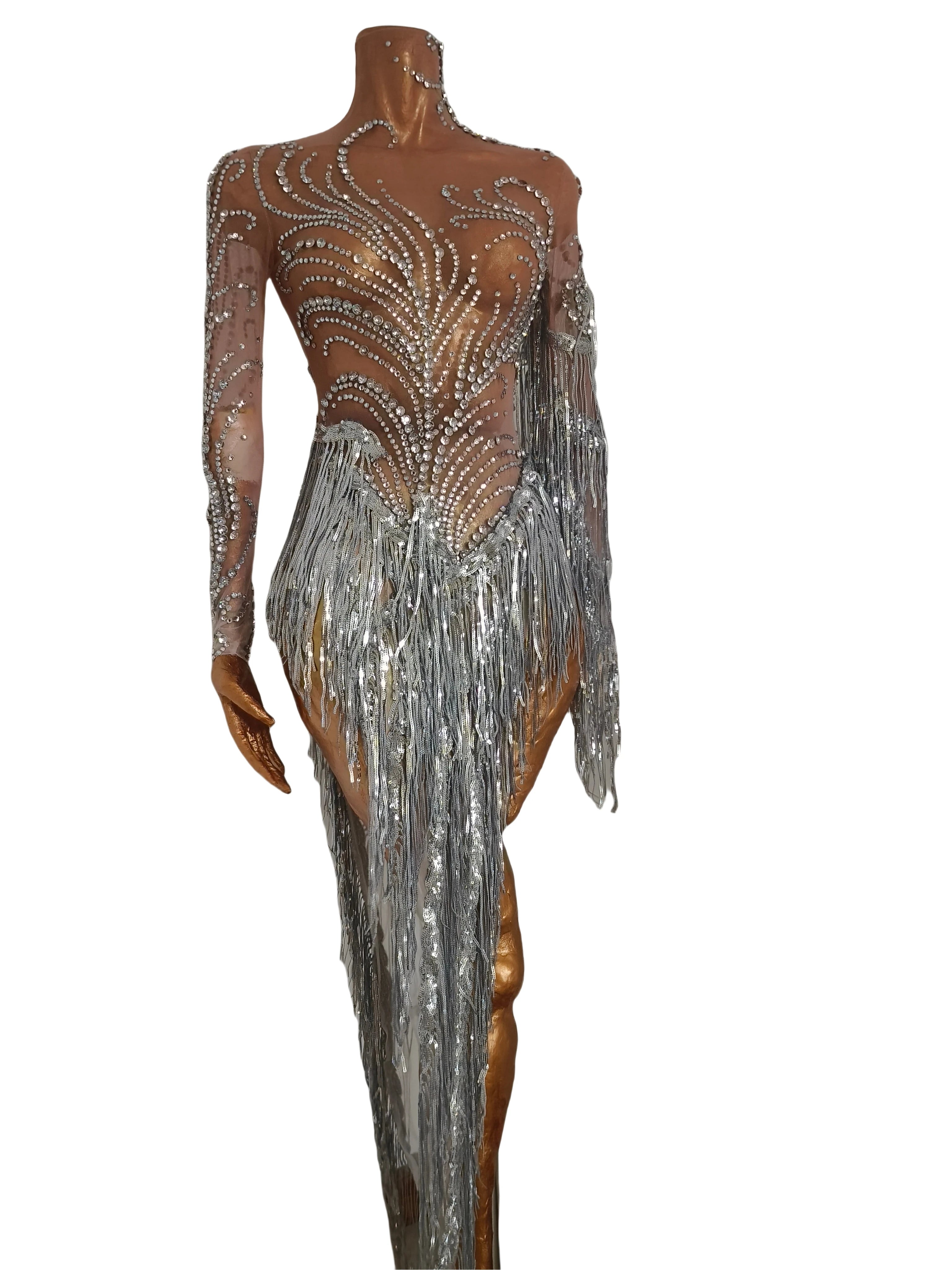 Silver Rhinestone Pearl Fringe Long Dress Birthday Celebrate Transparent Dresses Women Dancer Ballroom Dresses Competition