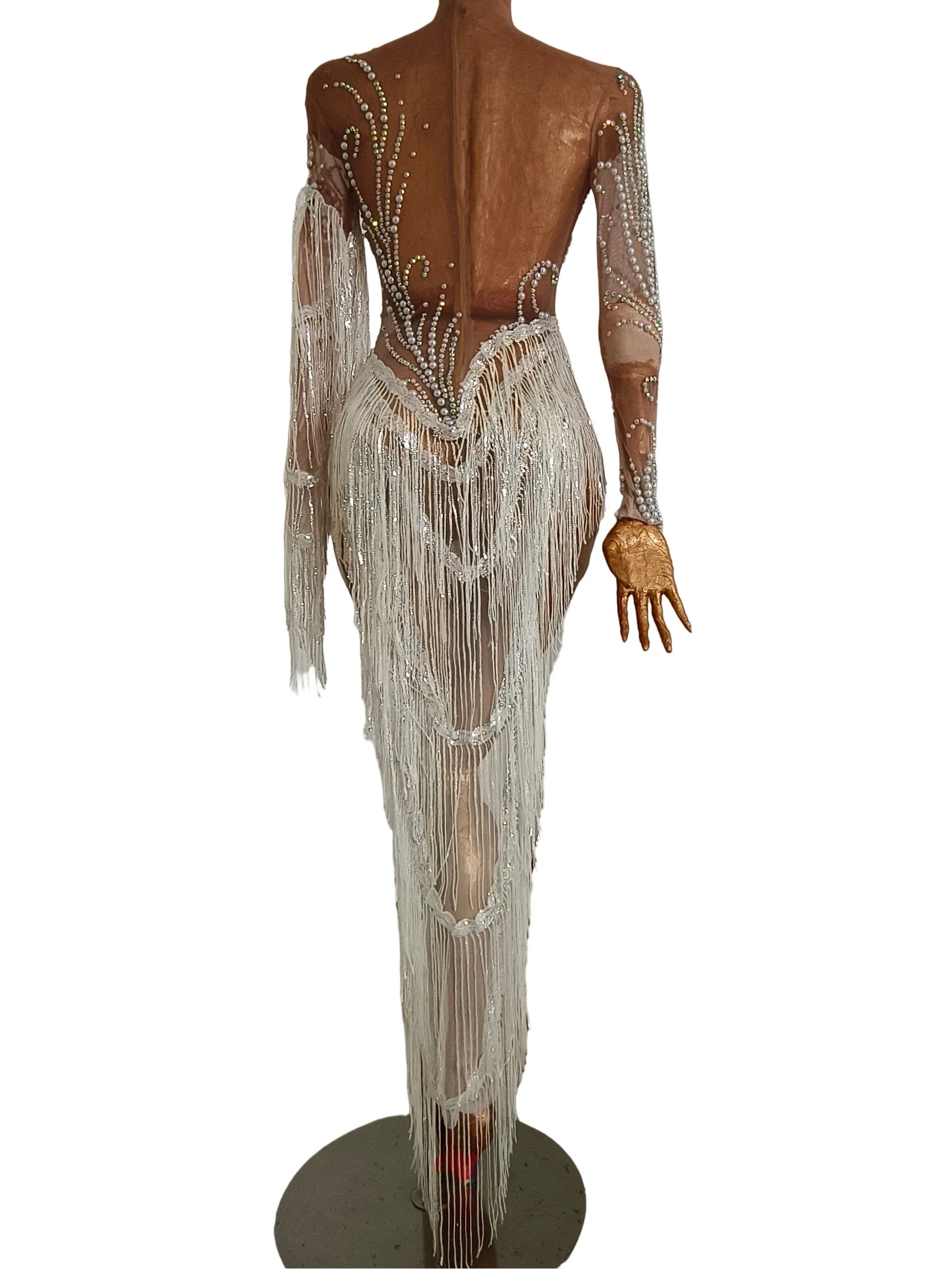 Silver Rhinestone Pearl Fringe Long Dress Birthday Celebrate Transparent Dresses Women Dancer Ballroom Dresses Competition