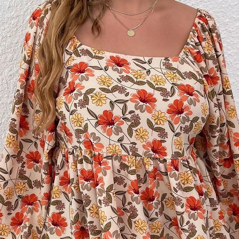Plus Size Floral Print Square Neck Summer Spring Elegant Peplum Blouse Women Lantern Sleeve Casual Blouse Female Large Size 6XL