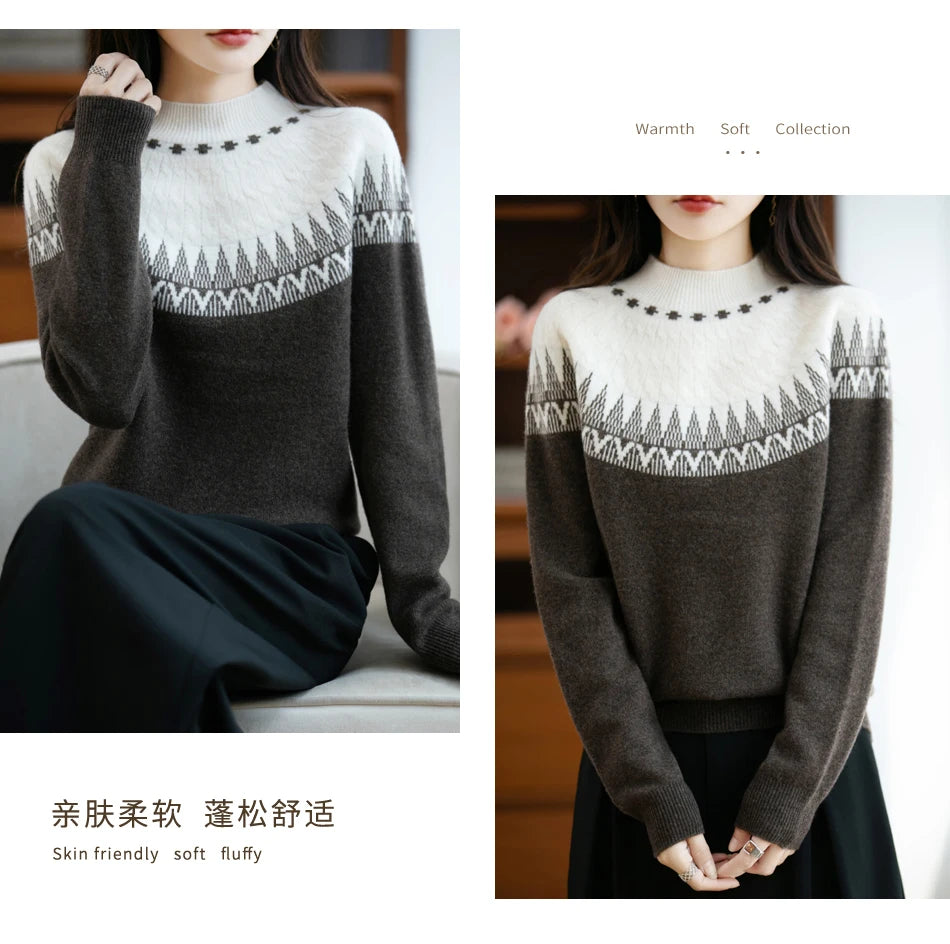 Autumn/Winter New Half High Neck Sweater 100% Wool Knitted Vintage Loose Fit Christmas Red Sweaters Chic Streetwear for Women