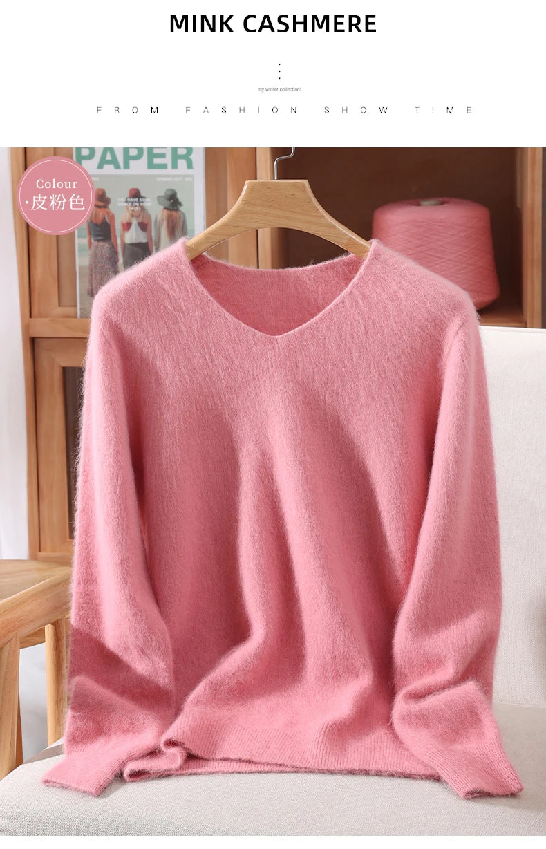 Fall/Winter New Fashion Mink Cashmere Sweater Women's Knitted V-neck Long-Sleeved Slim Bottoming Coat