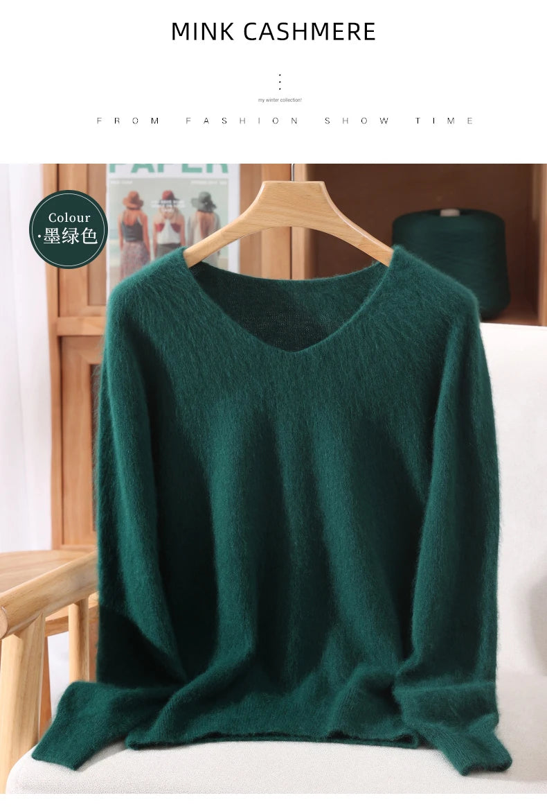 Fall/Winter New Fashion Mink Cashmere Sweater Women's Knitted V-neck Long-Sleeved Slim Bottoming Coat