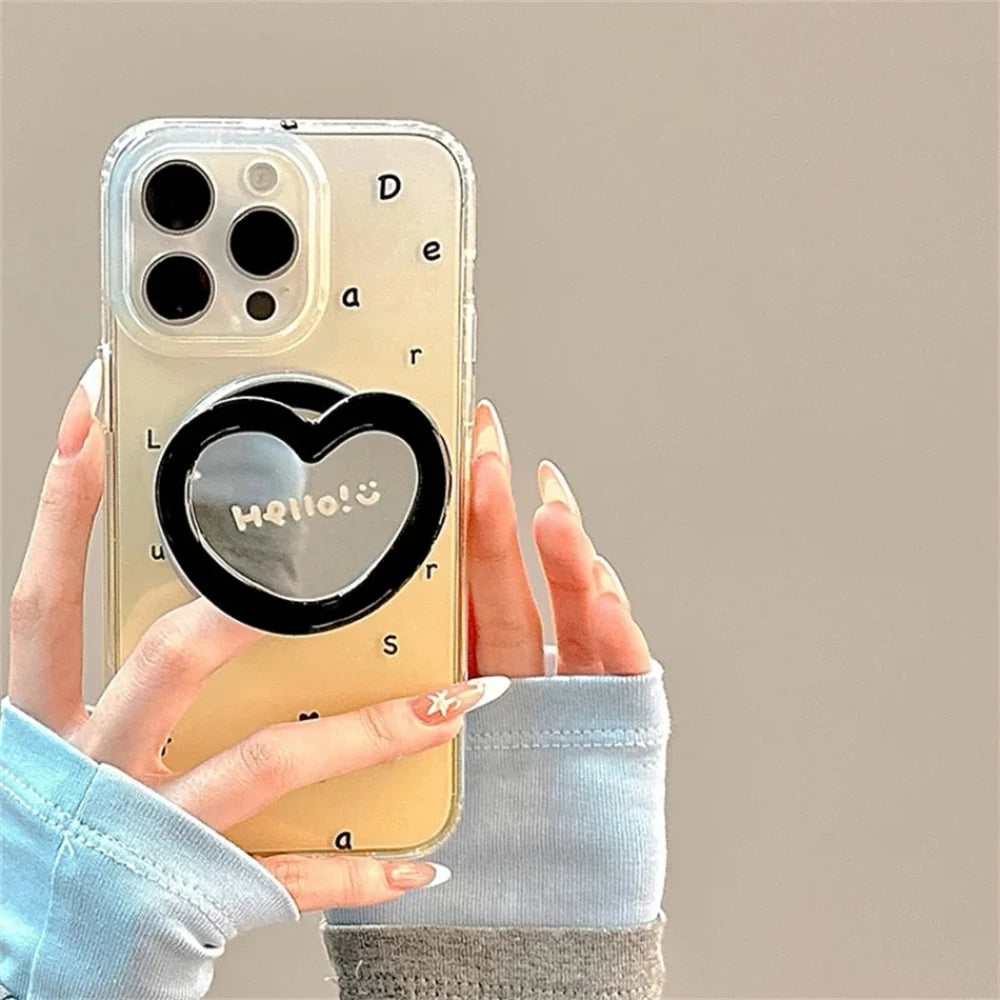 Korean Cute 3D Love Heart Makeup Mirror for Magsafe Griptok Holder Phone Finger Ring Stand Support for IPhone 17 16 Girl Bracket
