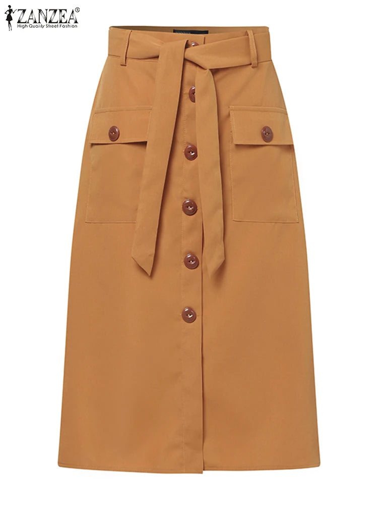 2024 ZANZEA Women High Waist Solid Cargo Skirt Fashion Summer Skirts OL Work Knee-length Faldas Saia Casual Party Club Jupe