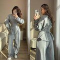 Zekye Women's Matching Sets Crew Neck Long Sleeve Simple Top Slim Trend Wide Leg Pants Set Women's Tracksuit 2026 Femme
