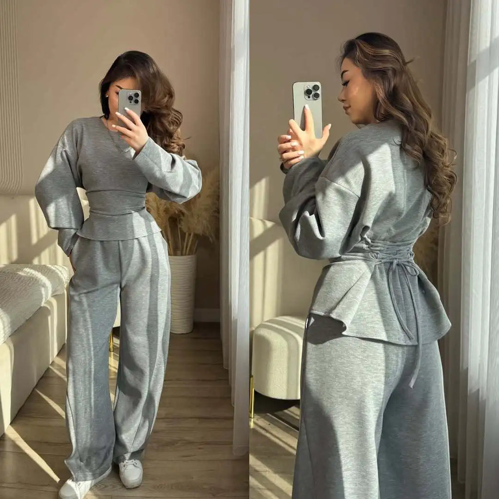 Zekye Women's Matching Sets Crew Neck Long Sleeve Simple Top Slim Trend Wide Leg Pants Set Women's Tracksuit 2026 Femme