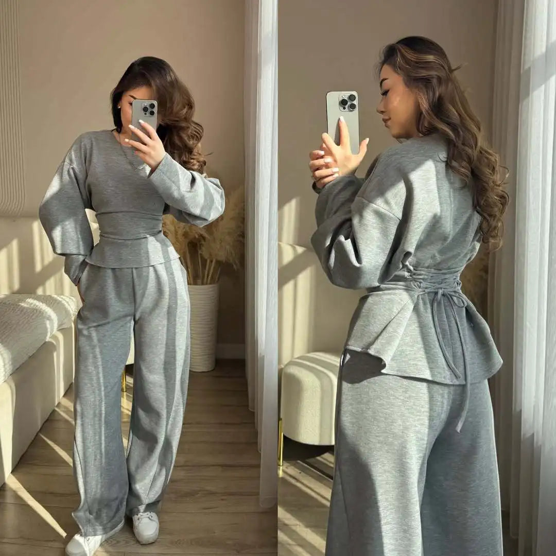 Zekye Women's Matching Sets Crew Neck Long Sleeve Simple Top Slim Trend Wide Leg Pants Set Women's Tracksuit 2026 Femme
