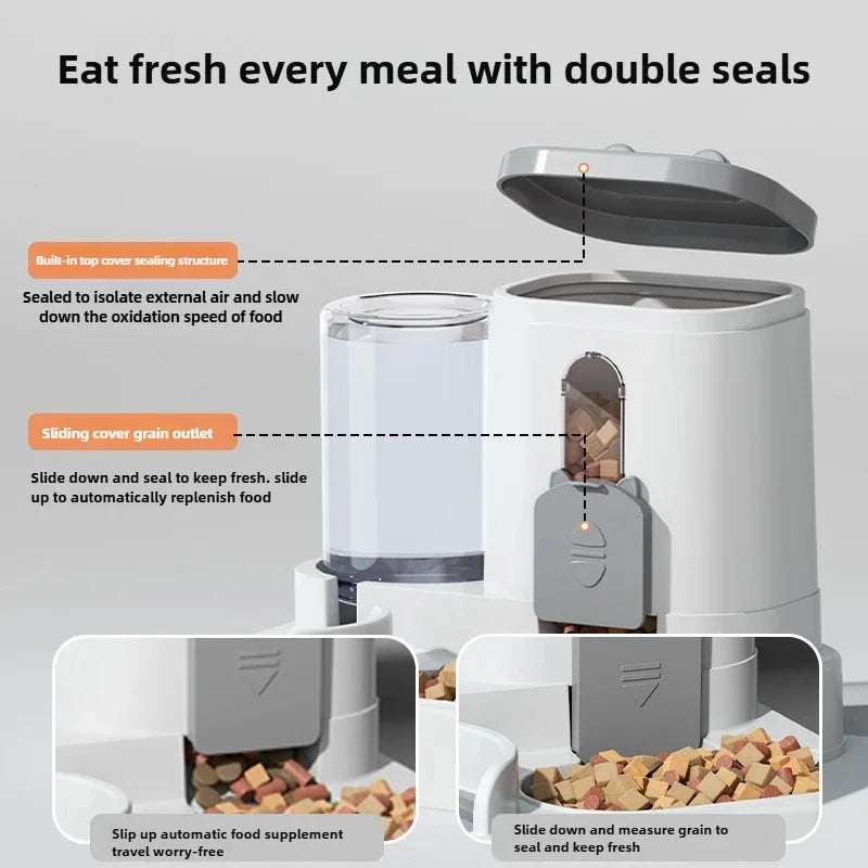 Automatic Cat Bowl Feeder with Water Fountain, Spill Proof Design Pet Food Dispenser for Small Medium Large Cats Dogs