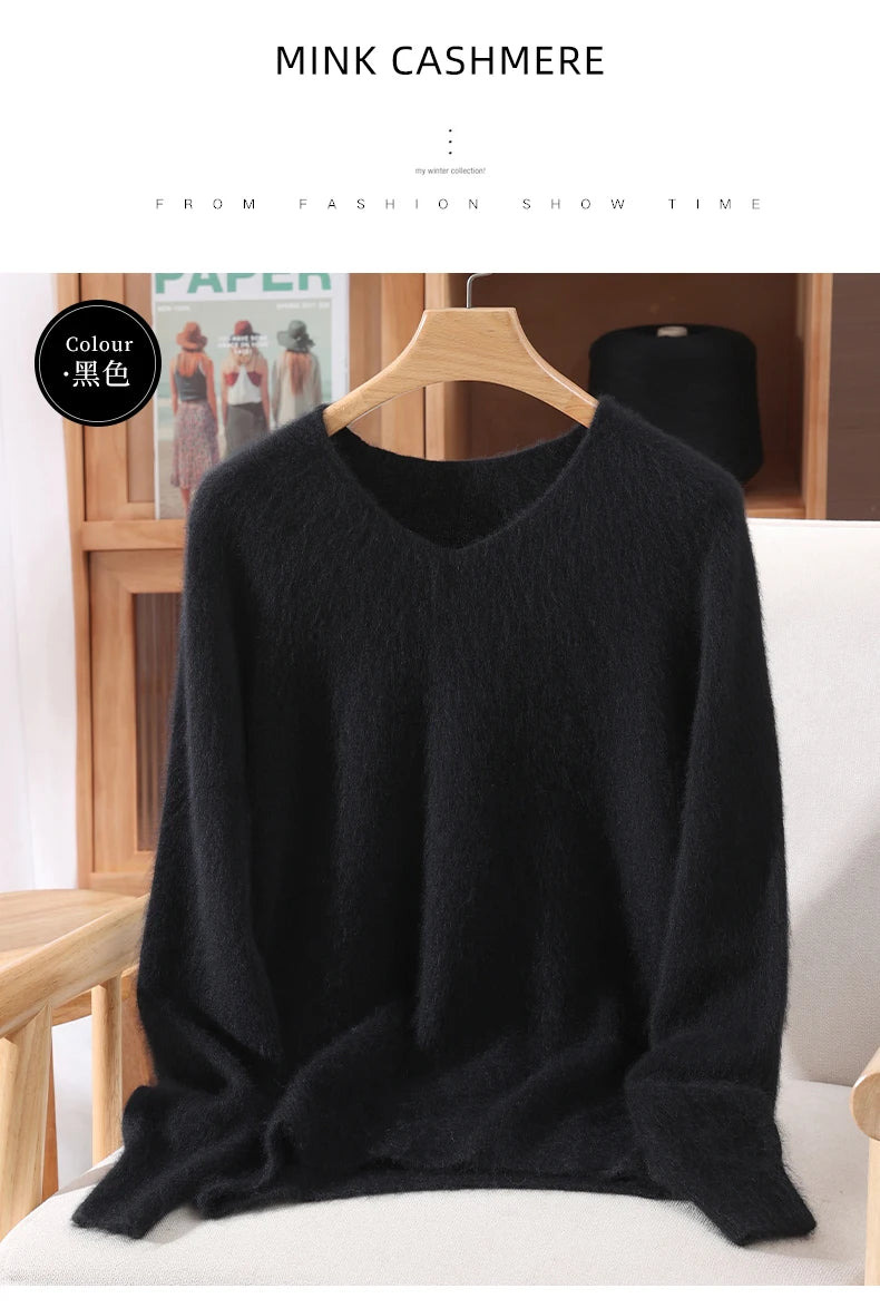 Fall/Winter New Fashion Mink Cashmere Sweater Women's Knitted V-neck Long-Sleeved Slim Bottoming Coat