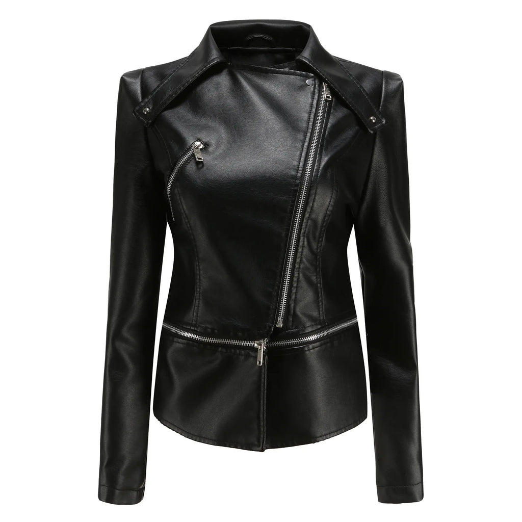 Women Faux Leather Coat Turn Down Collar Full Sleeve Jackets Zipper Casual Splice Coats Short Jacket Sexy Slim Fit Autumn