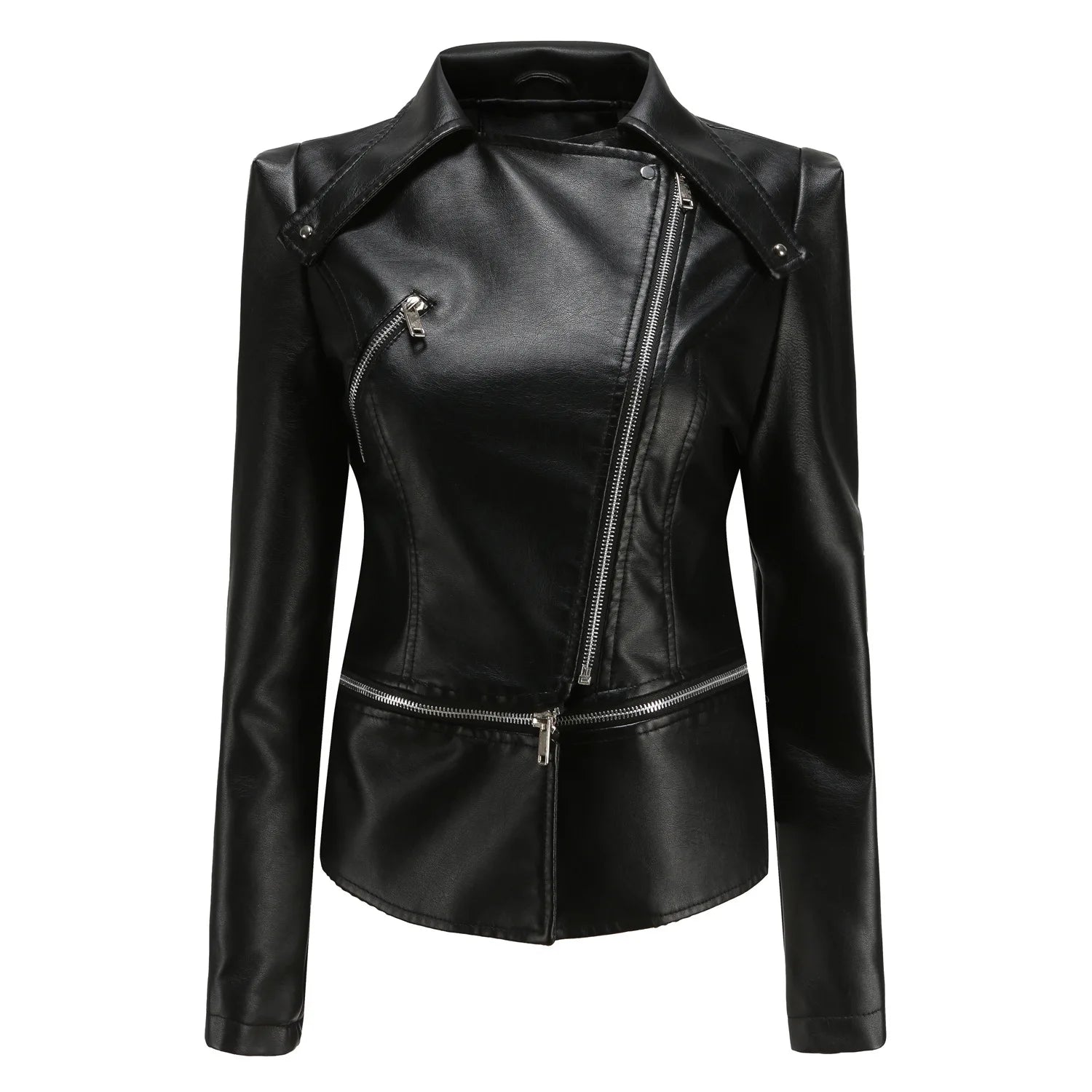 Women Faux Leather Coat Turn Down Collar Full Sleeve Jackets Zipper Casual Splice Coats Short Jacket Sexy Slim Fit Autumn