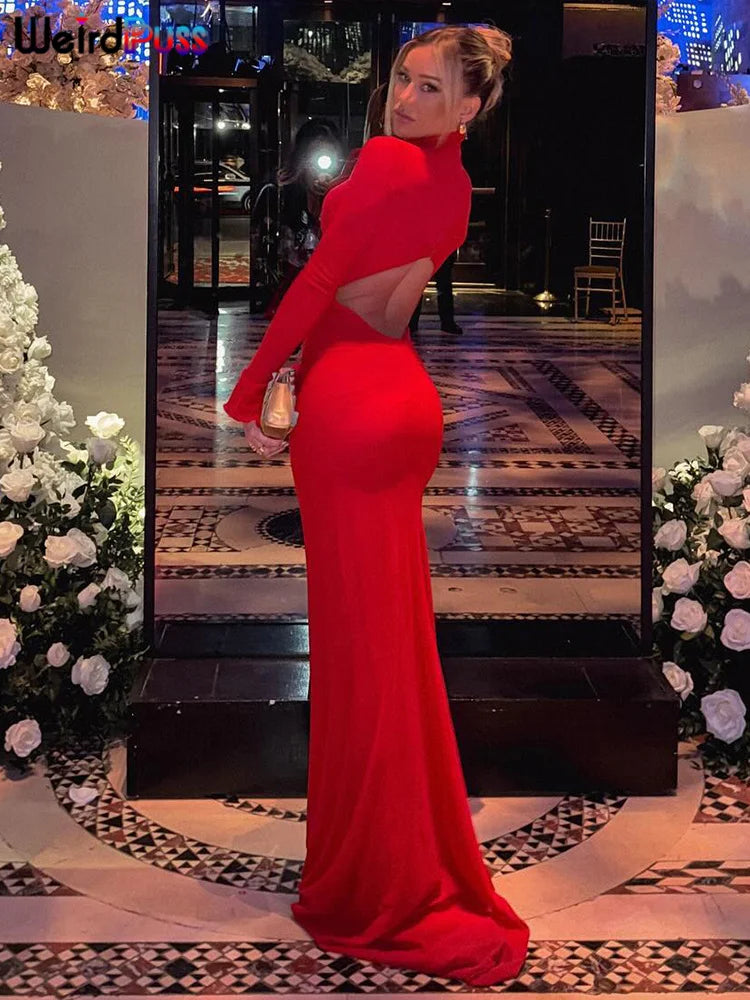 Weird Puss High Neck Women Dress Hollow Out Irregular Back Floor-Length Waistless Skinny Sexy Chirstmas Festival Partywear Robe