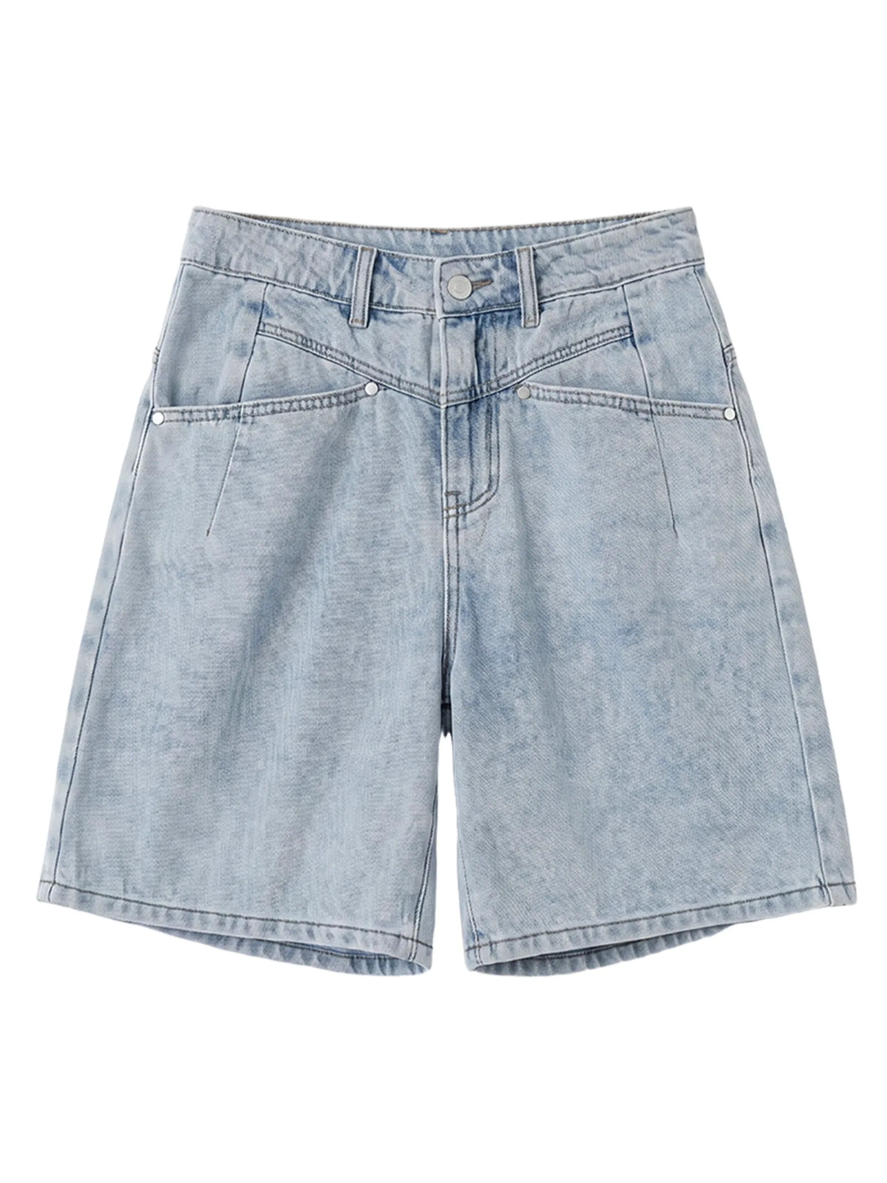 CHIC VEN Fashion Women Shorts Mid-length Blue New Dividing Line Design Retro Washed Cotton Straight Leg Short Jeans Summer 2026