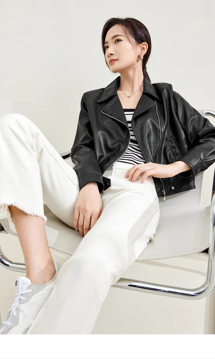 SENTUBILA Cropped Pu Leather Bomber Jacket Women 2026 Autumn Winter Vintage Lapel Zip Up Faux Leather Jacket Motorcycle Coats