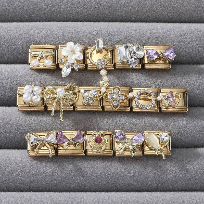 Premium Gold Color Zircon Bowknot Italian Charm Bracelet Stainless Steel Elastic Bracelet Link Bangle DIY Women Men Jewelry Gift