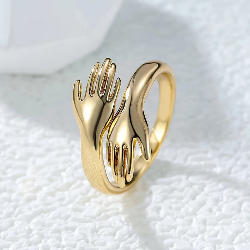 Huitan Adjustable Open Hug Rings Gold Color Hands Embrace Finger Ring Romantic Love Promise Jewelry Gift for Women Drop Shipping