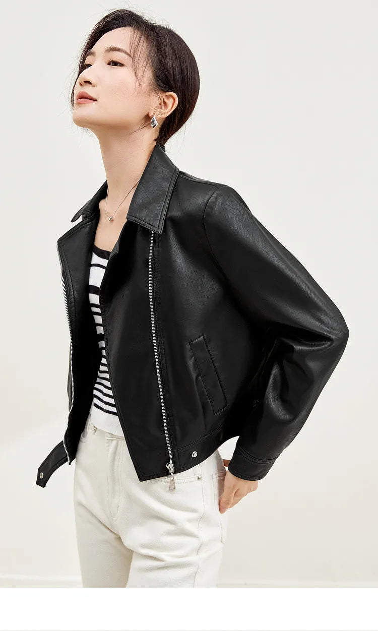 SENTUBILA Cropped Pu Leather Bomber Jacket Women 2026 Autumn Winter Vintage Lapel Zip Up Faux Leather Jacket Motorcycle Coats