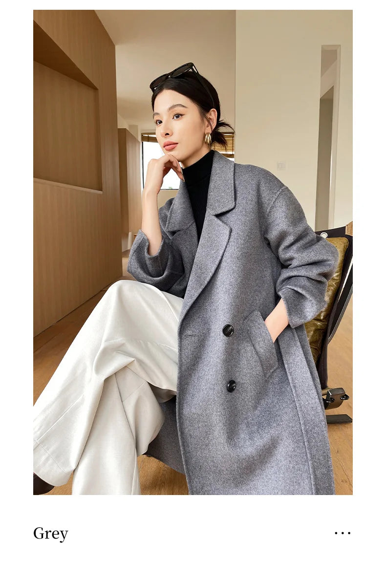 Notch Lapel Wool Coat Drop-Shoulder Women 100% Wool Loose Overcoat Double-Layers Autumn Winter Long Jacket Thick Trench Coat #24