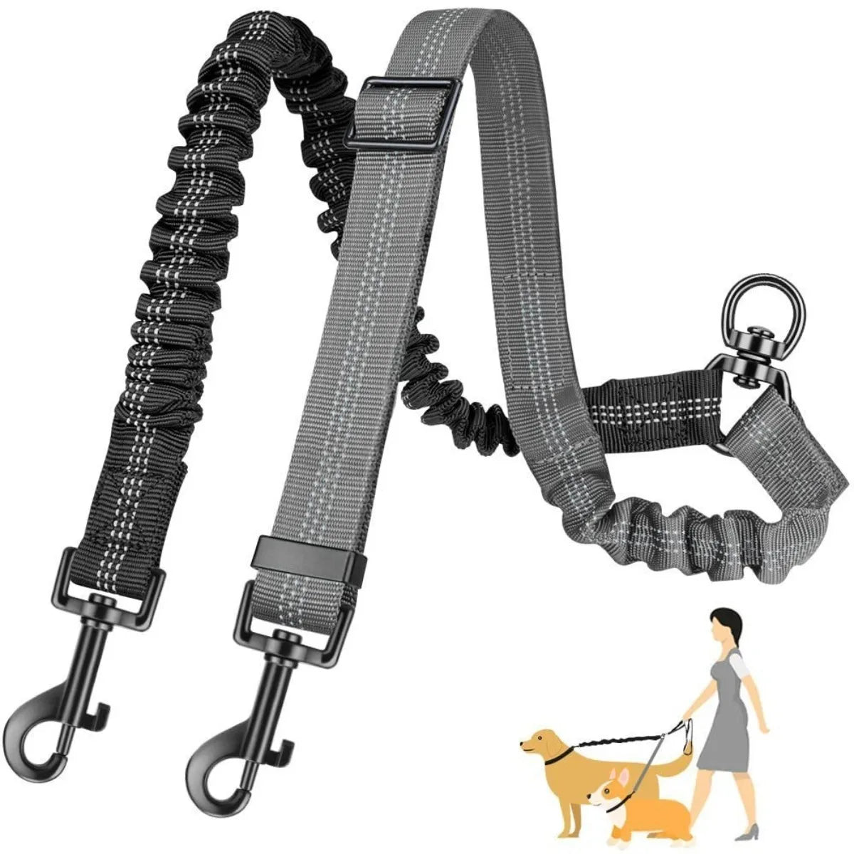 16ft Long Dual Dog Leash Attachment - Double Leashes for Training Small To Large Dogs - Adjustable Strap, Shock Absorbing Bungee