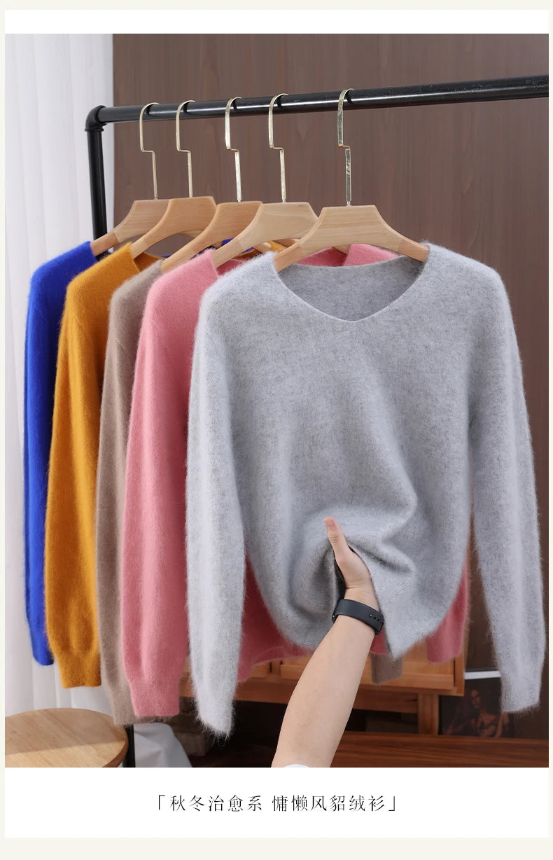 Fall/Winter New Fashion Mink Cashmere Sweater Women's Knitted V-neck Long-Sleeved Slim Bottoming Coat