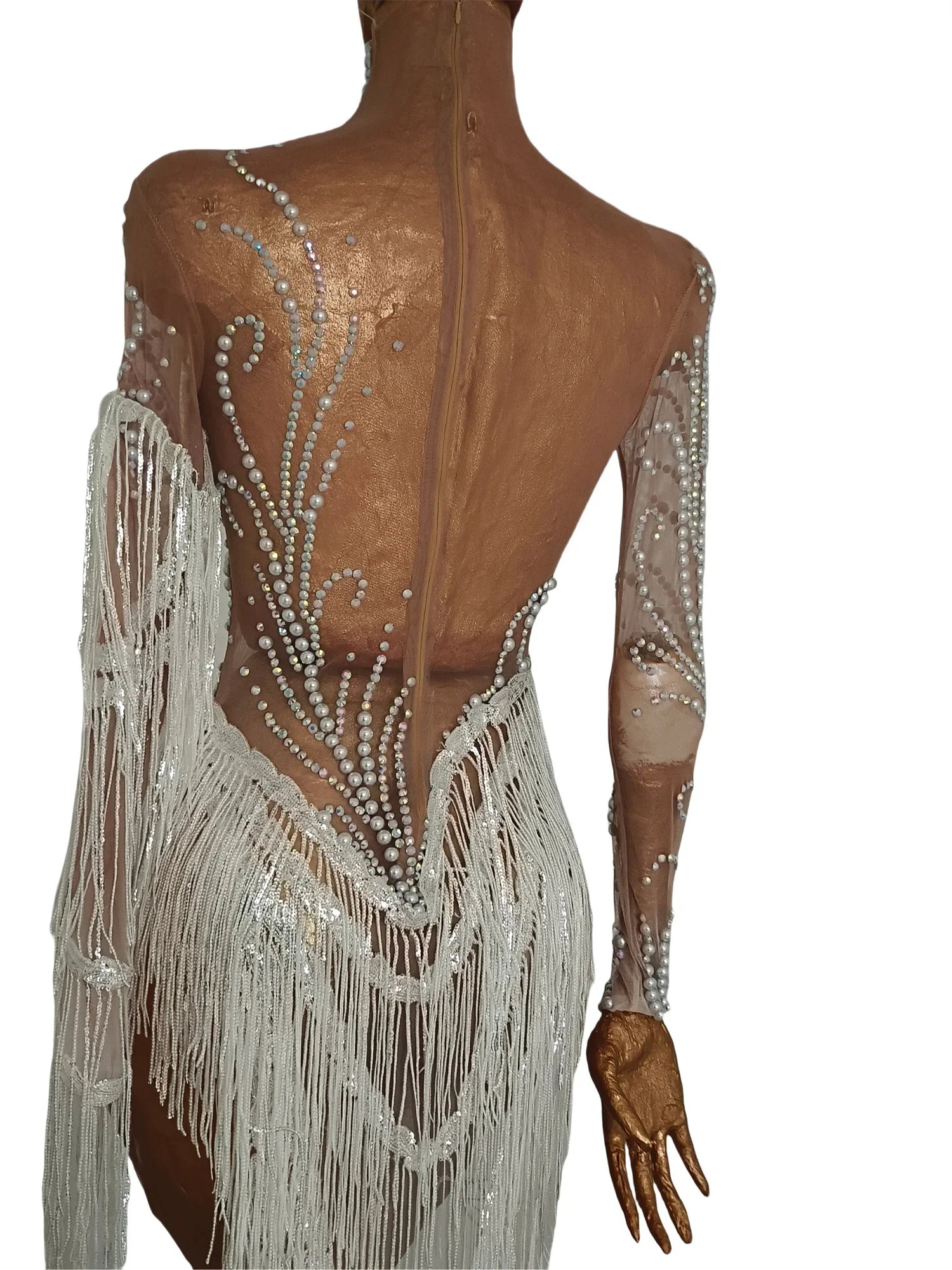 Silver Rhinestone Pearl Fringe Long Dress Birthday Celebrate Transparent Dresses Women Dancer Ballroom Dresses Competition