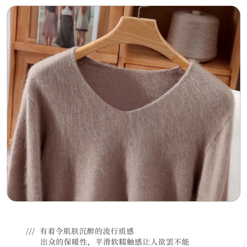 Fall/Winter New Fashion Mink Cashmere Sweater Women's Knitted V-neck Long-Sleeved Slim Bottoming Coat