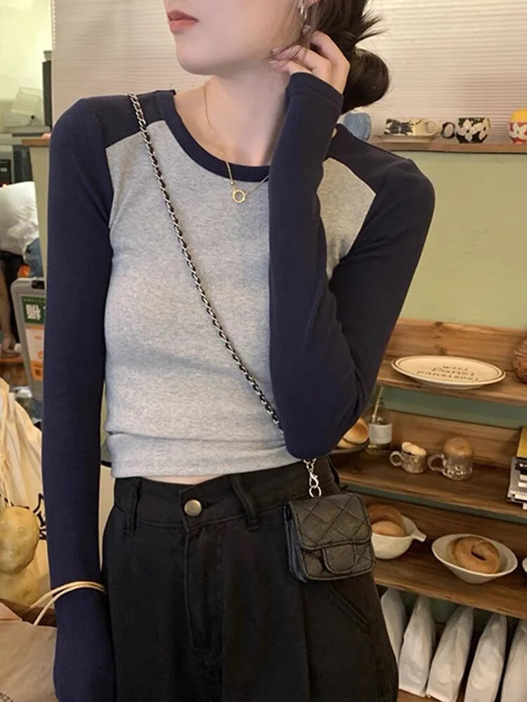 Ribbed Long Sleeve T-Shirt Women's Spring Autumn Thin Style Raglan Sleeve Slim Fit Round Neck Fashionable Underwear Top Wear