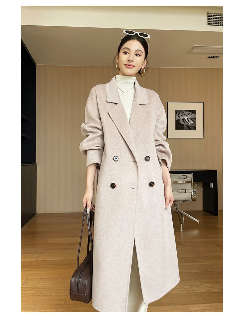 Notch Lapel Wool Coat Drop-Shoulder Women 100% Wool Loose Overcoat Double-Layers Autumn Winter Long Jacket Thick Trench Coat #24