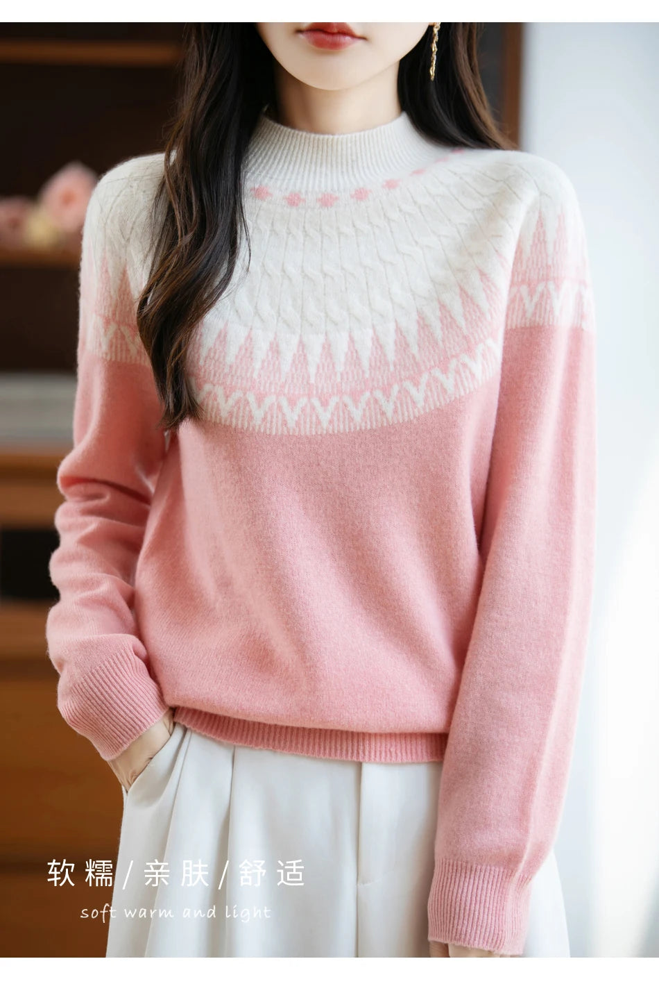 Autumn/Winter New Half High Neck Sweater 100% Wool Knitted Vintage Loose Fit Christmas Red Sweaters Chic Streetwear for Women