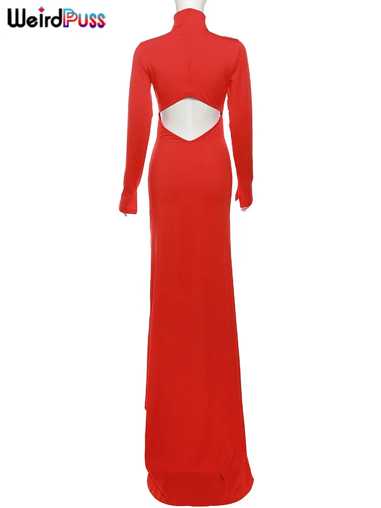 Weird Puss High Neck Women Dress Hollow Out Irregular Back Floor-Length Waistless Skinny Sexy Chirstmas Festival Partywear Robe