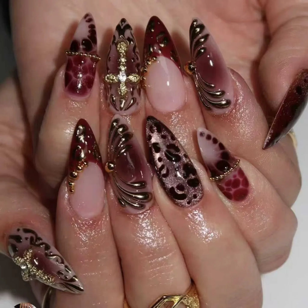 24Pcs Y2k Almond Acrylic Nails Full Cover 3D Diamond Black Nail Art Sweet Cool French Wearable Fake Nail Manicure Tips for Girls