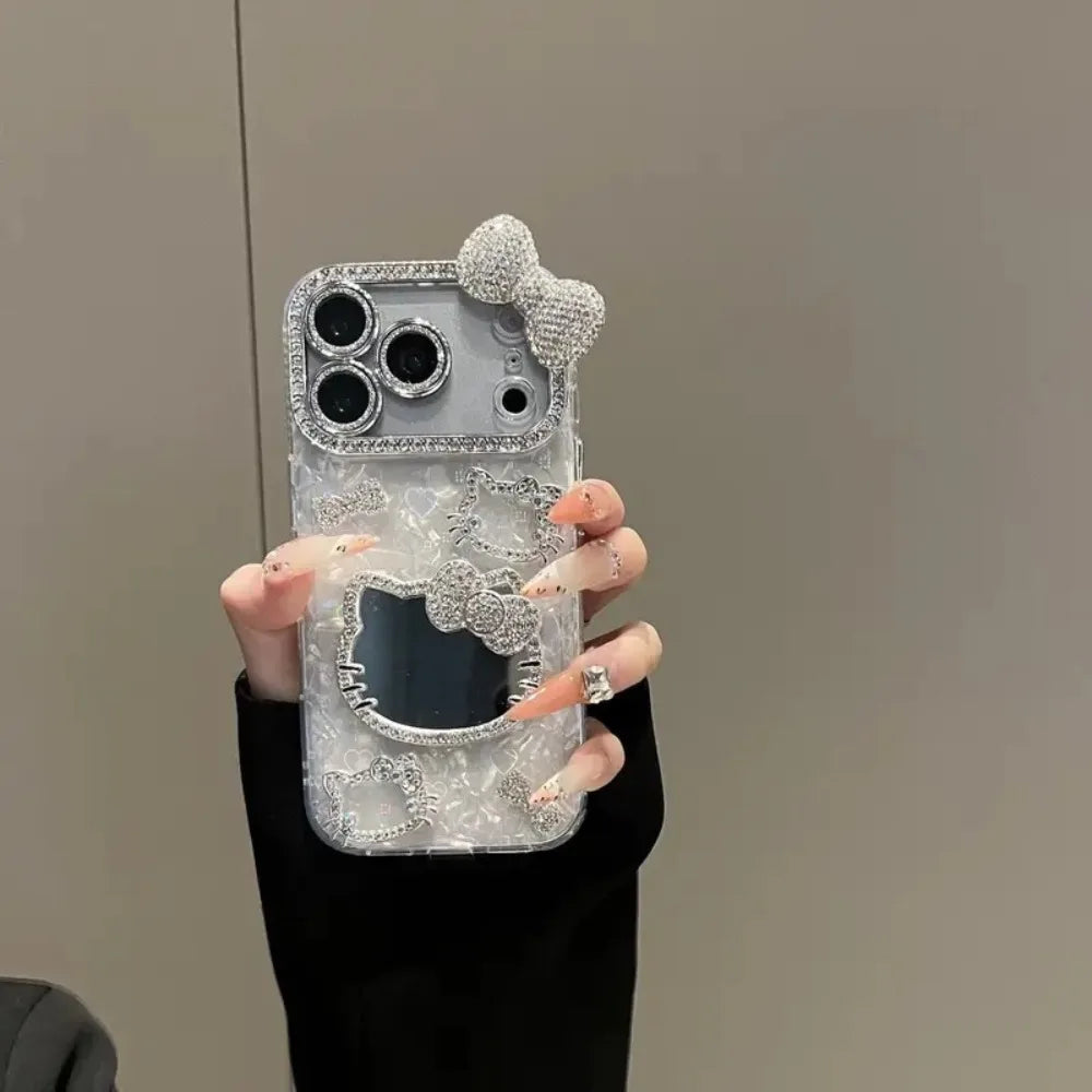 3D Cute Cartoon Sanrio Hello Kitty Glitter Phone Case for IPhone 17 16 15 14 13 12 Pro Max Shockproof Hard Makeup Mirror Cover