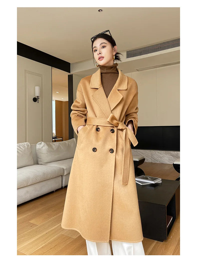 Notch Lapel Wool Coat Drop-Shoulder Women 100% Wool Loose Overcoat Double-Layers Autumn Winter Long Jacket Thick Trench Coat #24