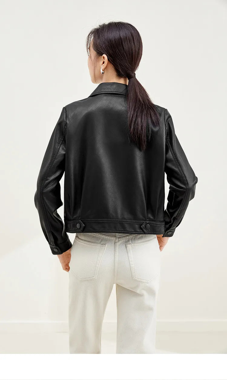 SENTUBILA Cropped Pu Leather Bomber Jacket Women 2026 Autumn Winter Vintage Lapel Zip Up Faux Leather Jacket Motorcycle Coats